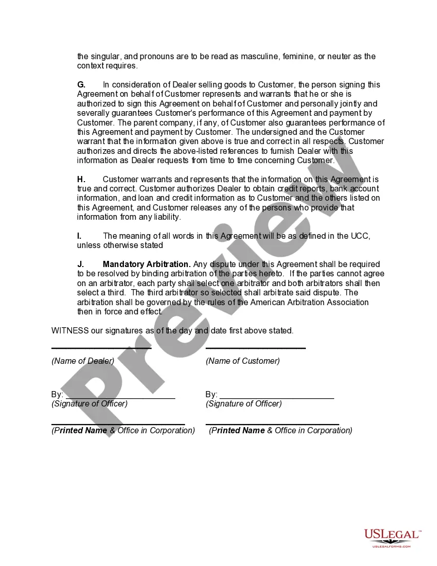 Preview Agreement for Sale of Goods Between Dealer and Customer with Purchase Money Security Interest