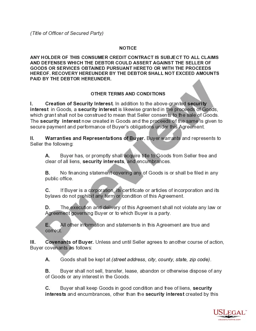 Preview Security Agreement and Retail installment Sale in Consumer Goods with Attached Note