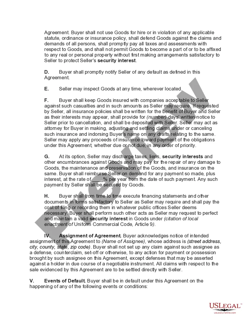 Preview Security Agreement and Retail installment Sale in Consumer Goods with Attached Note