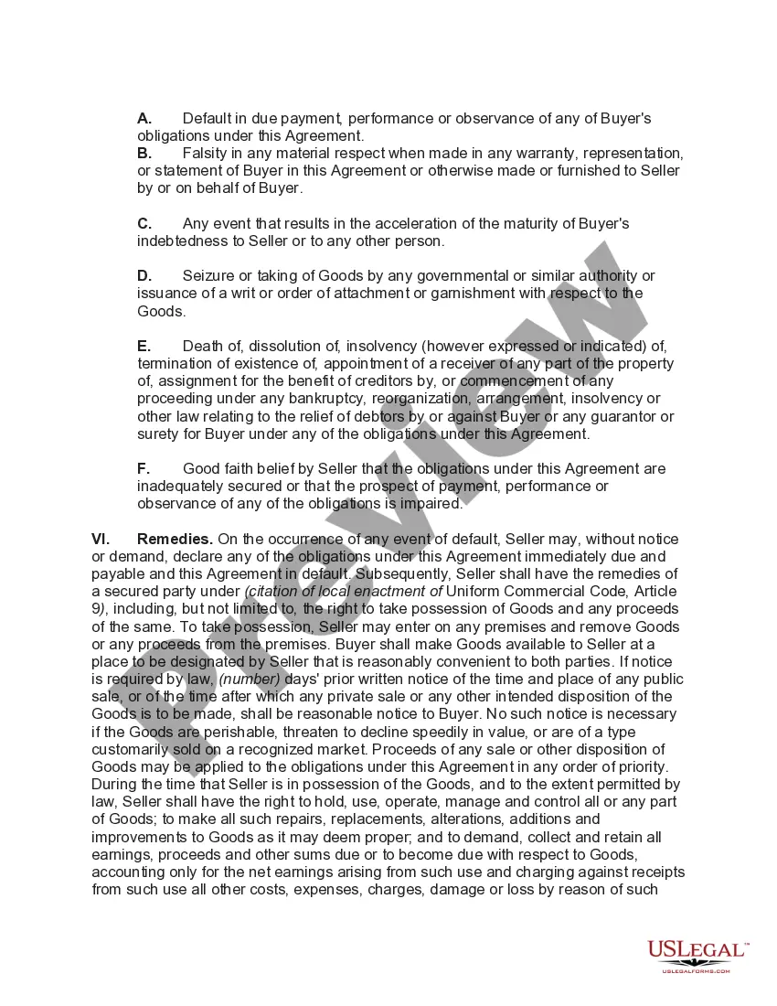 Preview Security Agreement and Retail installment Sale in Consumer Goods with Attached Note