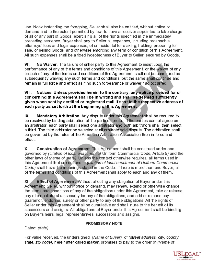 Preview Security Agreement and Retail installment Sale in Consumer Goods with Attached Note