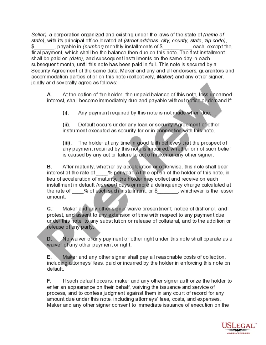 Preview Security Agreement and Retail installment Sale in Consumer Goods with Attached Note