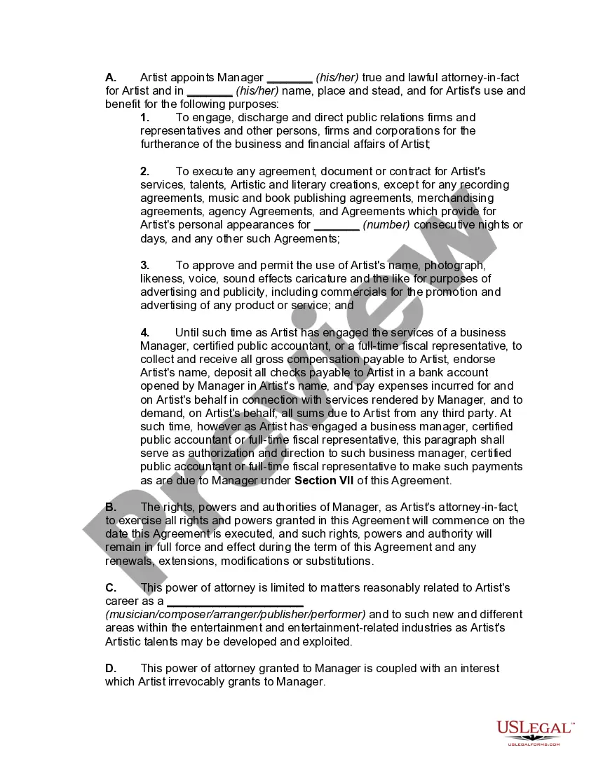 Preview Contract for Employment of Exclusive Personal Manager with Power of Attorney