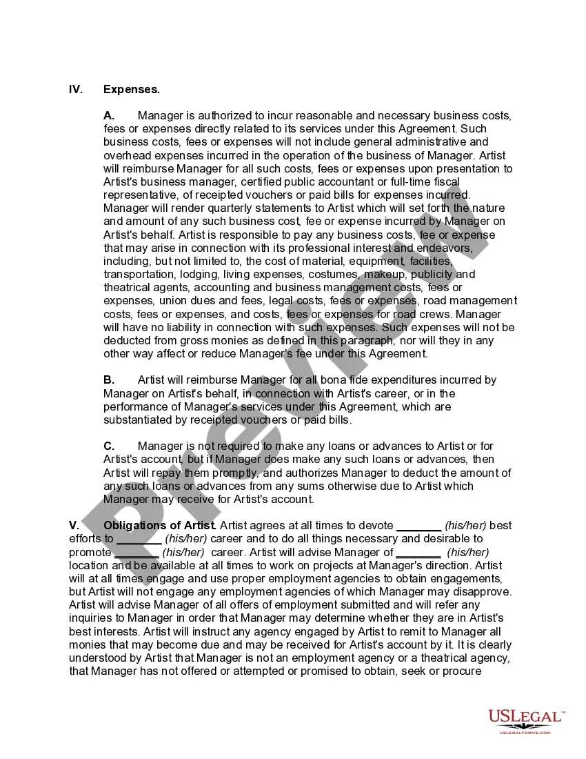 Preview Contract for Employment of Exclusive Personal Manager with Power of Attorney