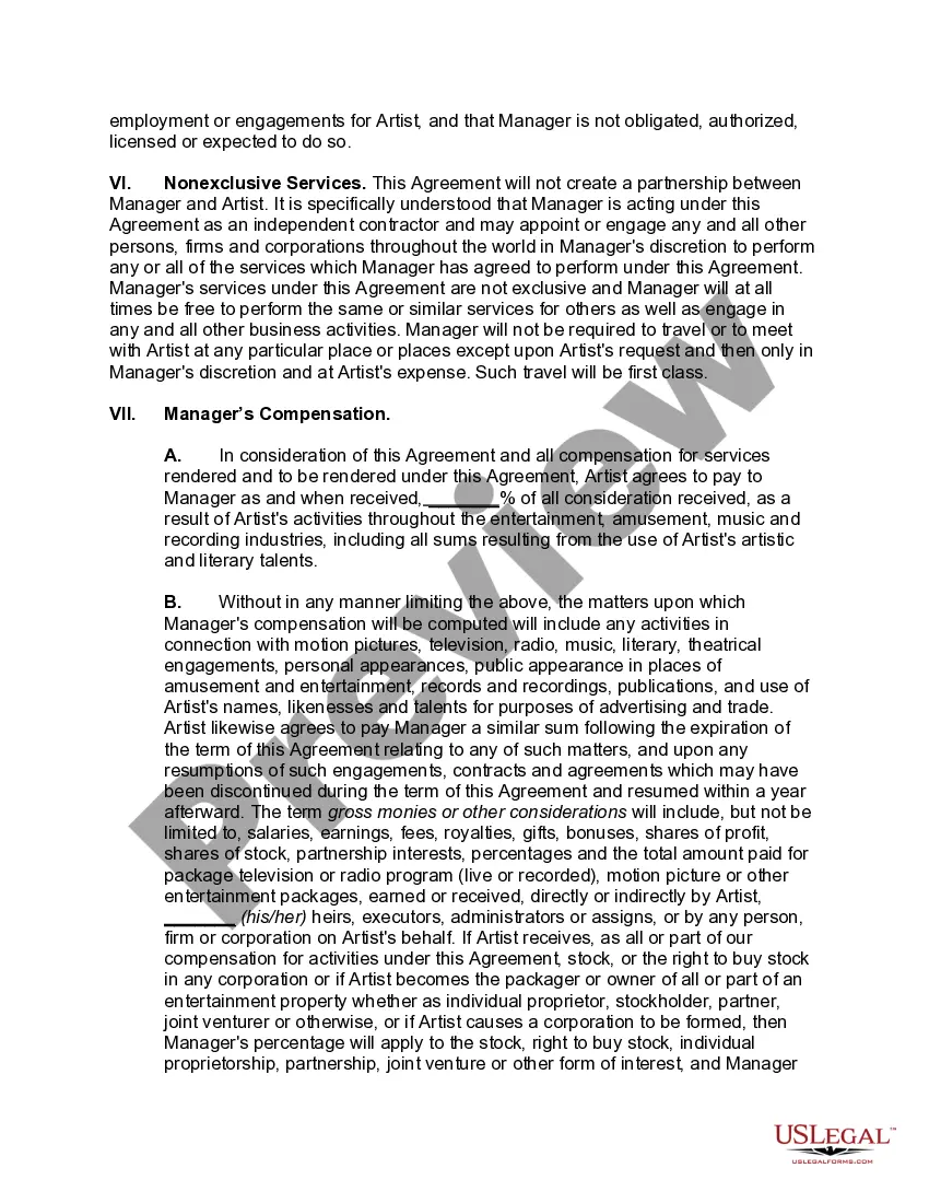 Preview Contract for Employment of Exclusive Personal Manager with Power of Attorney
