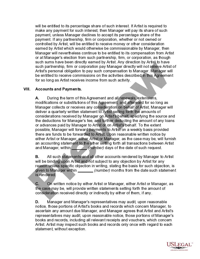 Preview Contract for Employment of Exclusive Personal Manager with Power of Attorney