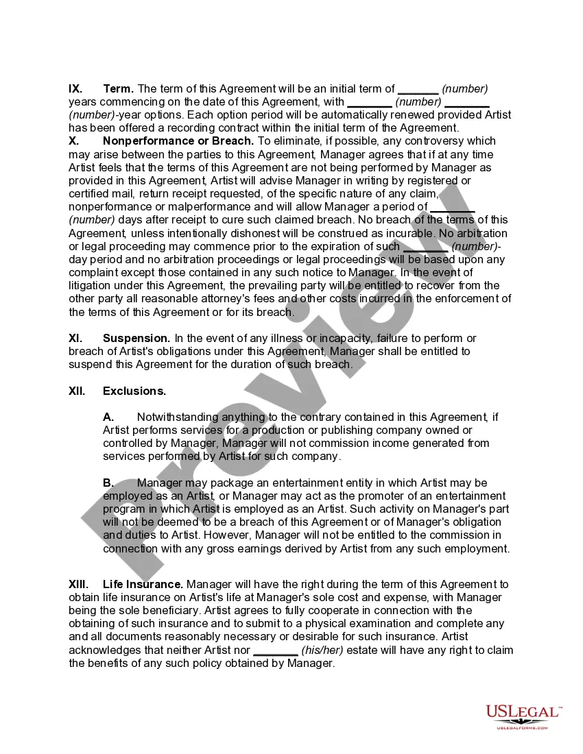 Preview Contract for Employment of Exclusive Personal Manager with Power of Attorney