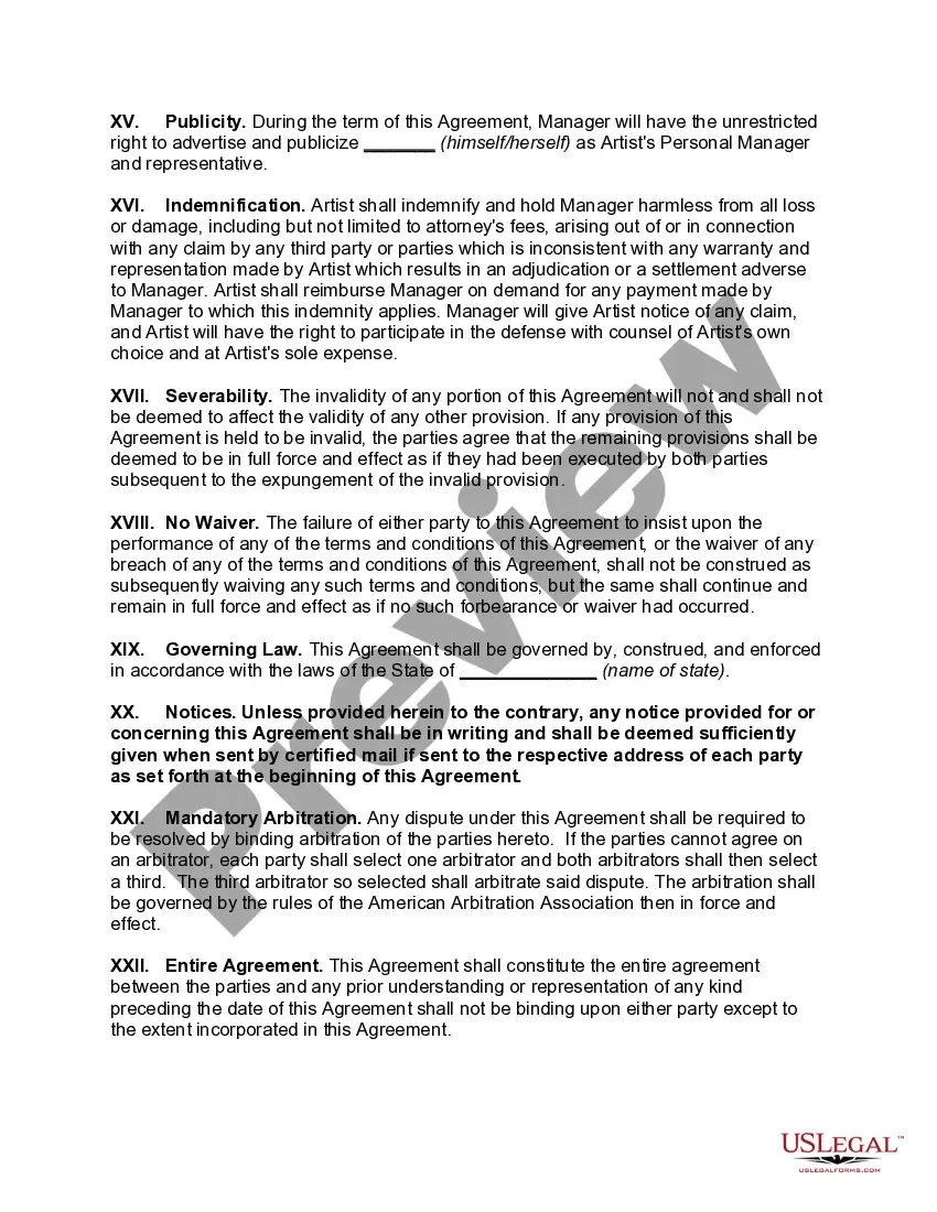Preview Contract for Employment of Exclusive Personal Manager with Power of Attorney