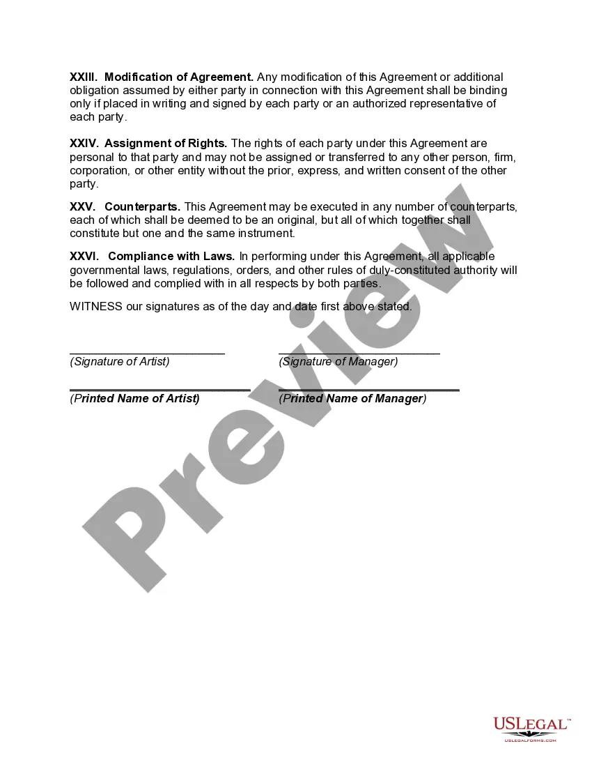 Preview Contract for Employment of Exclusive Personal Manager with Power of Attorney