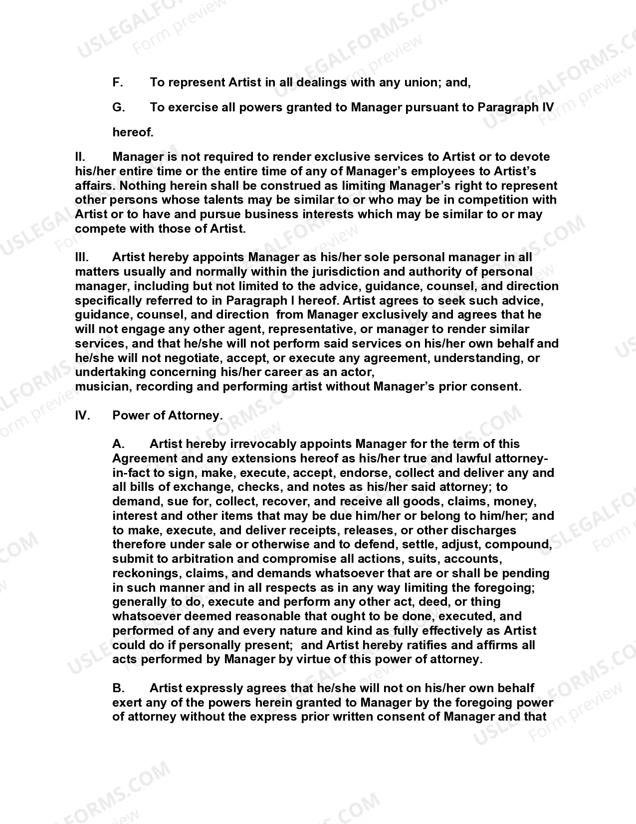 Preview Artist Management Agreement with Special Power of Attorney