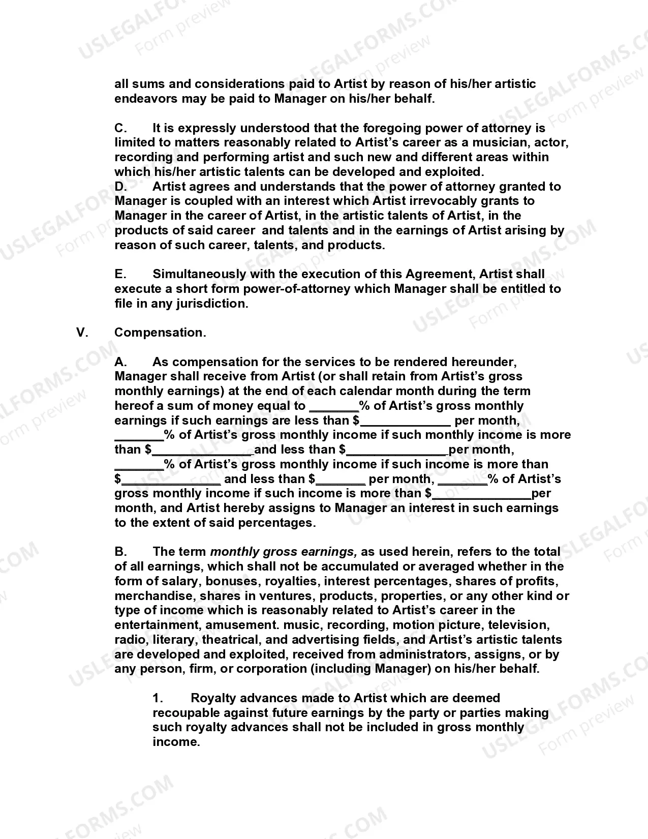 Preview Artist Management Agreement with Special Power of Attorney