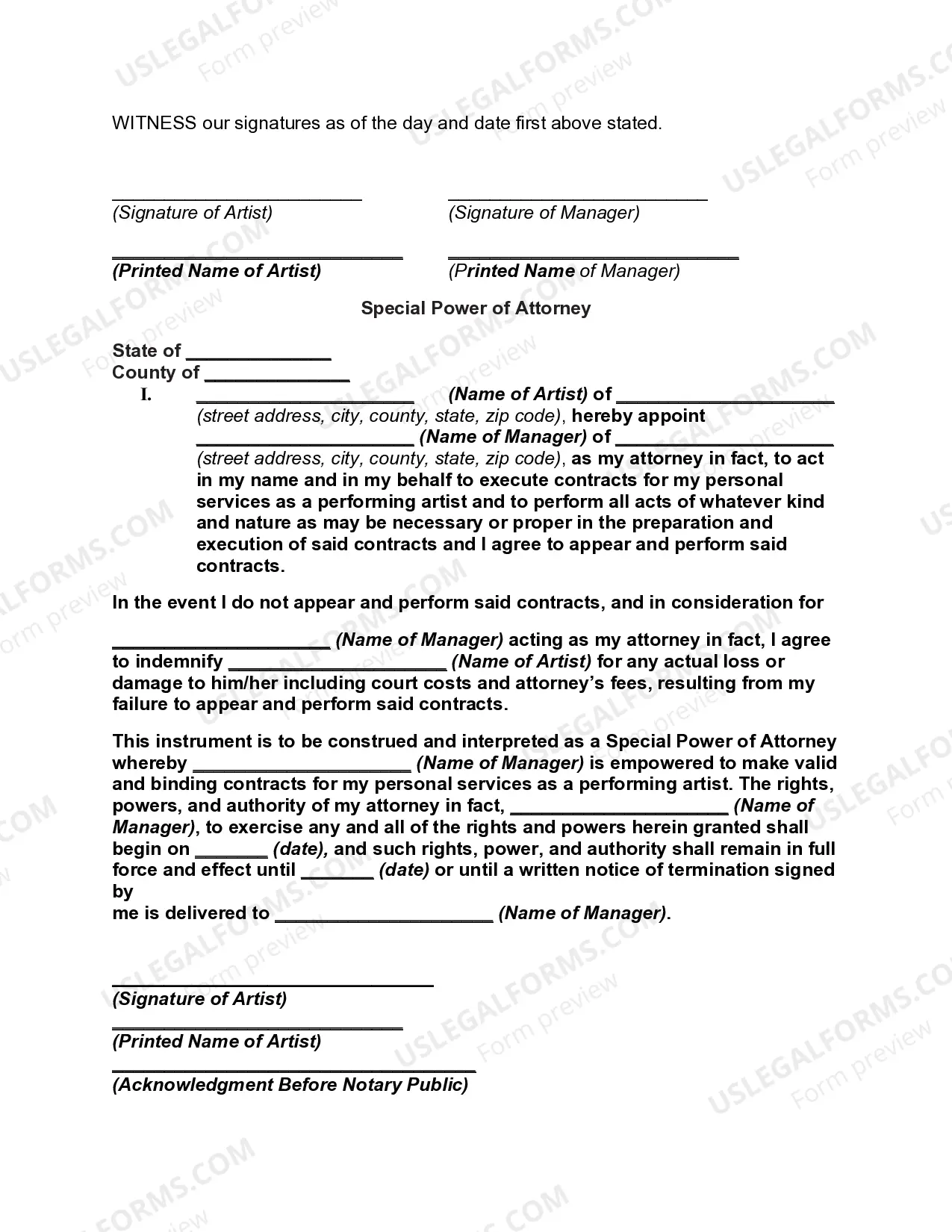 Preview Artist Management Agreement with Special Power of Attorney