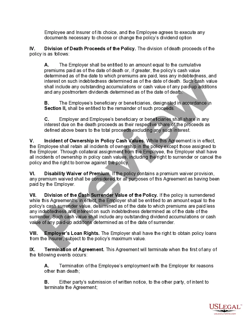 Preview Split-Dollar Agreement - Non-Equity Collateral Assignment Arrangement - Economic Benefit Approach-Minority Owner orSplit-Dollar Agreement -- Non-Equity Collateral Assignment Arrangement - Economic Benefit Approach - Minority Owner or Key Executive Owned