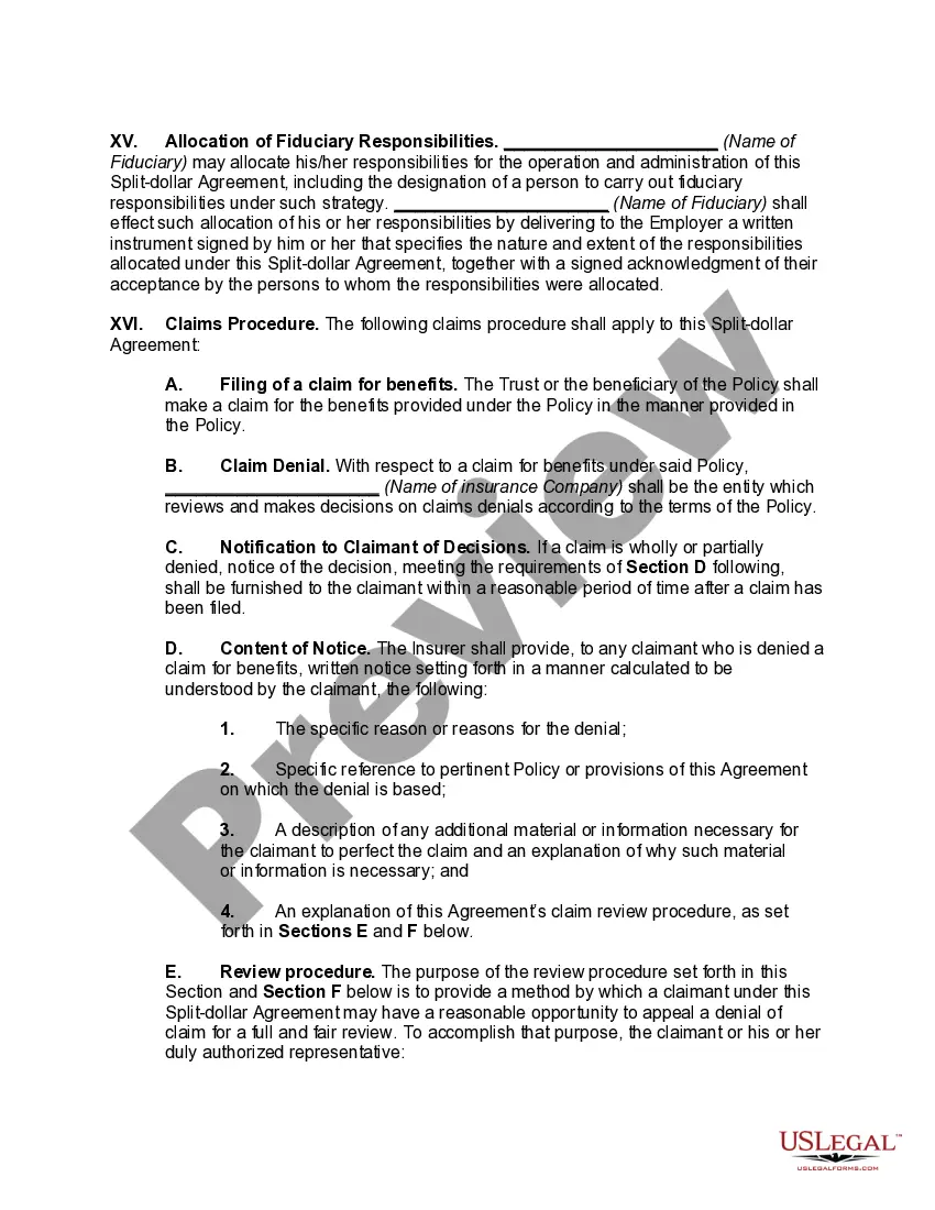Preview Split-Dollar Agreement - Non-Equity Collateral Assignment Arrangement - Economic Benefit Approach-Minority Owner orSplit-Dollar Agreement -- Non-Equity Collateral Assignment Arrangement - Economic Benefit Approach - Minority Owner or Key Executive Owned