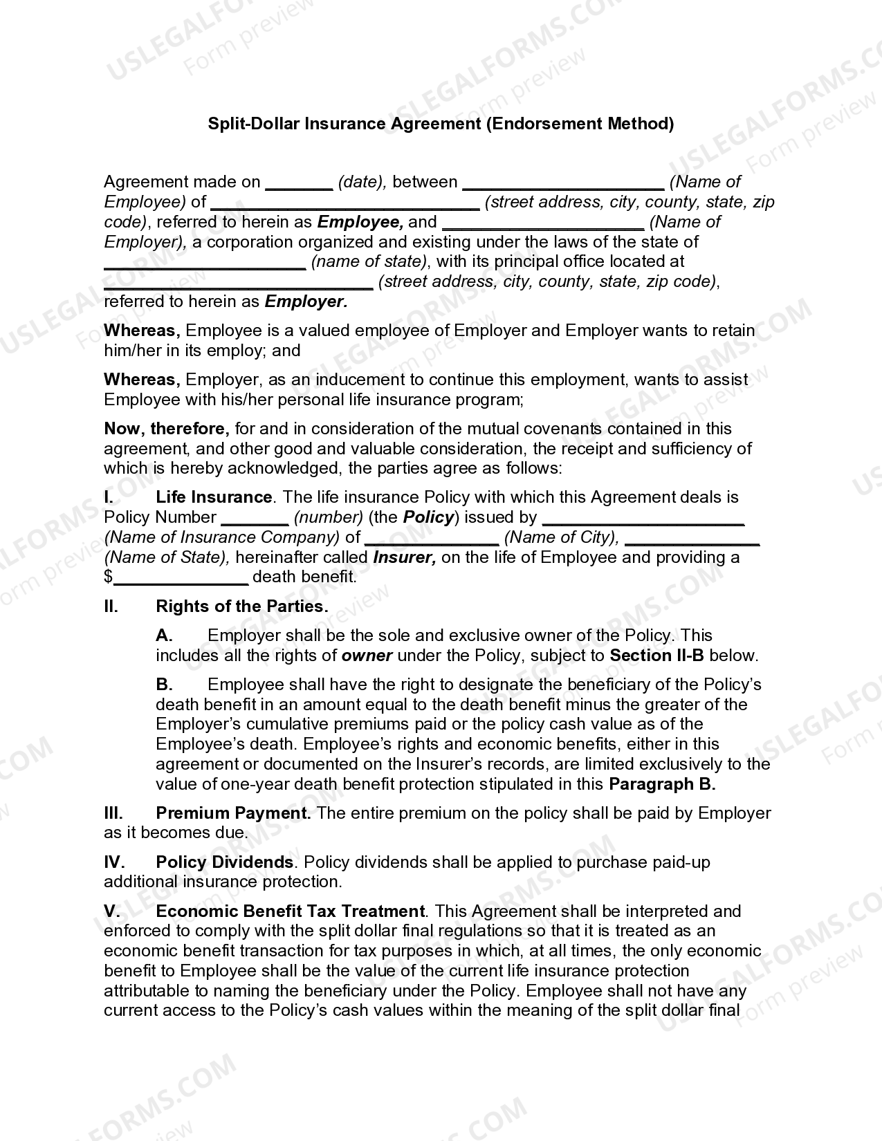 Split-Dollar Insurance Agreement (Endorsement Method) | US Legal Forms