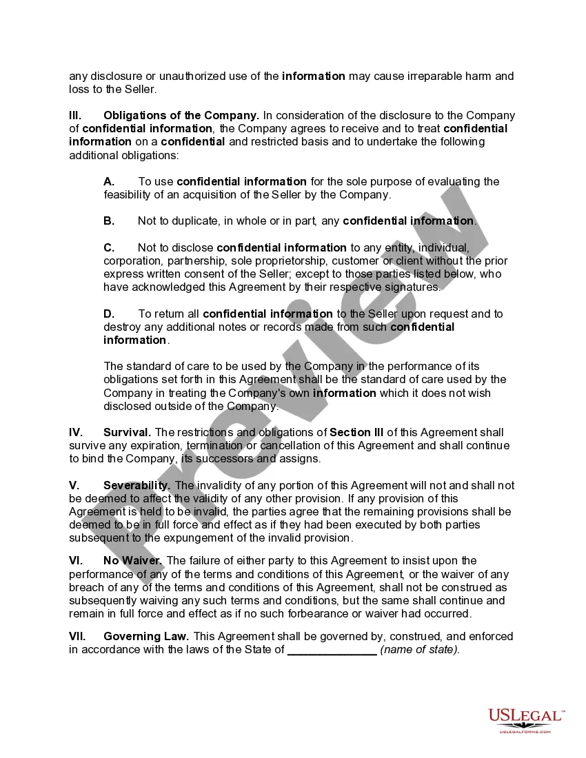 Preview Confidentiality Agreement Related to Proposed Purchase of Corporate Business (Stock Purchase)