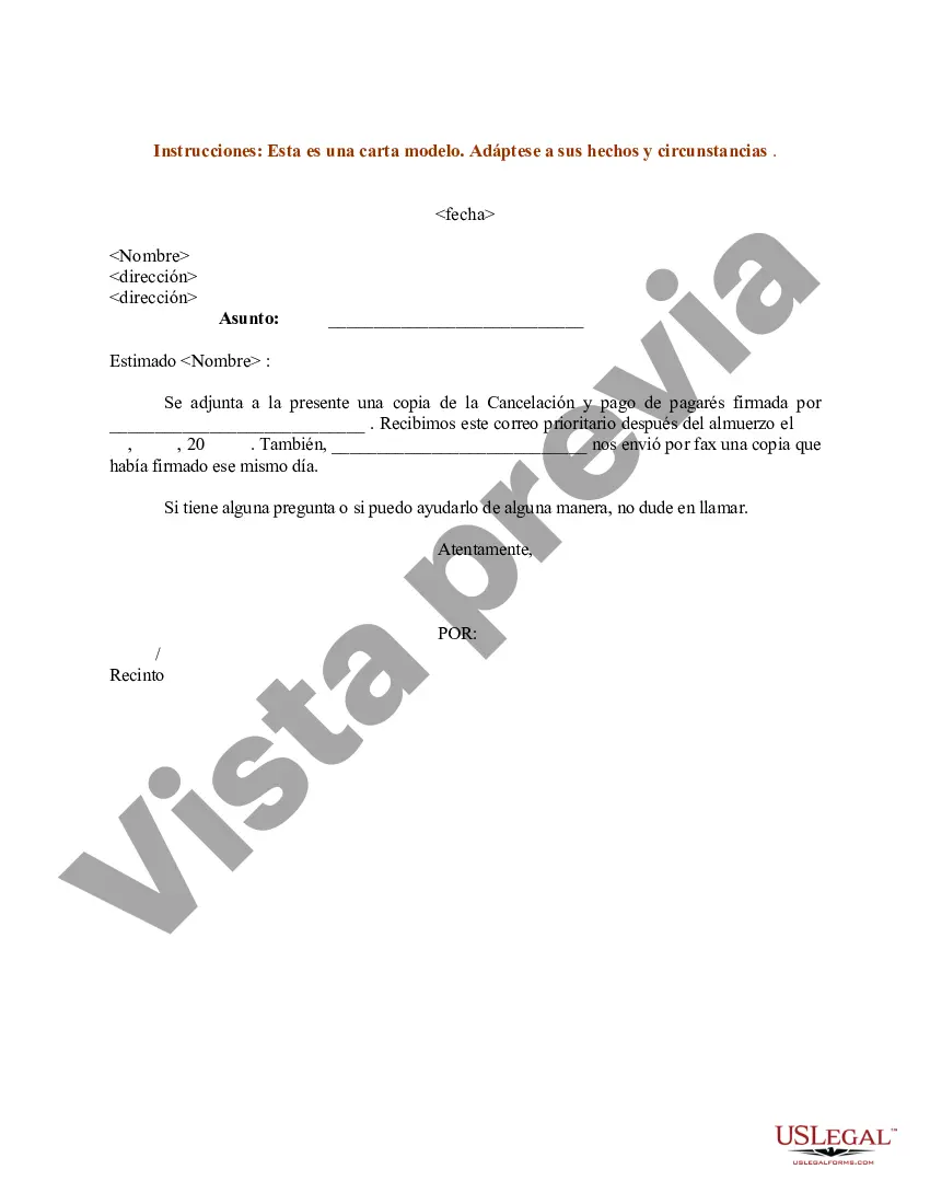Preview Ejemplo de carta que transmite la cancelación y pago de pagarés