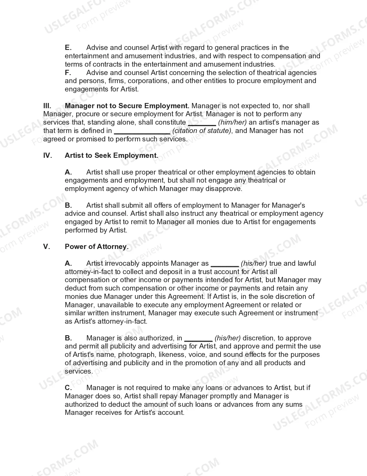 Preview Employment Contract with Manager as Artist's Personal Advisor and Counselor
