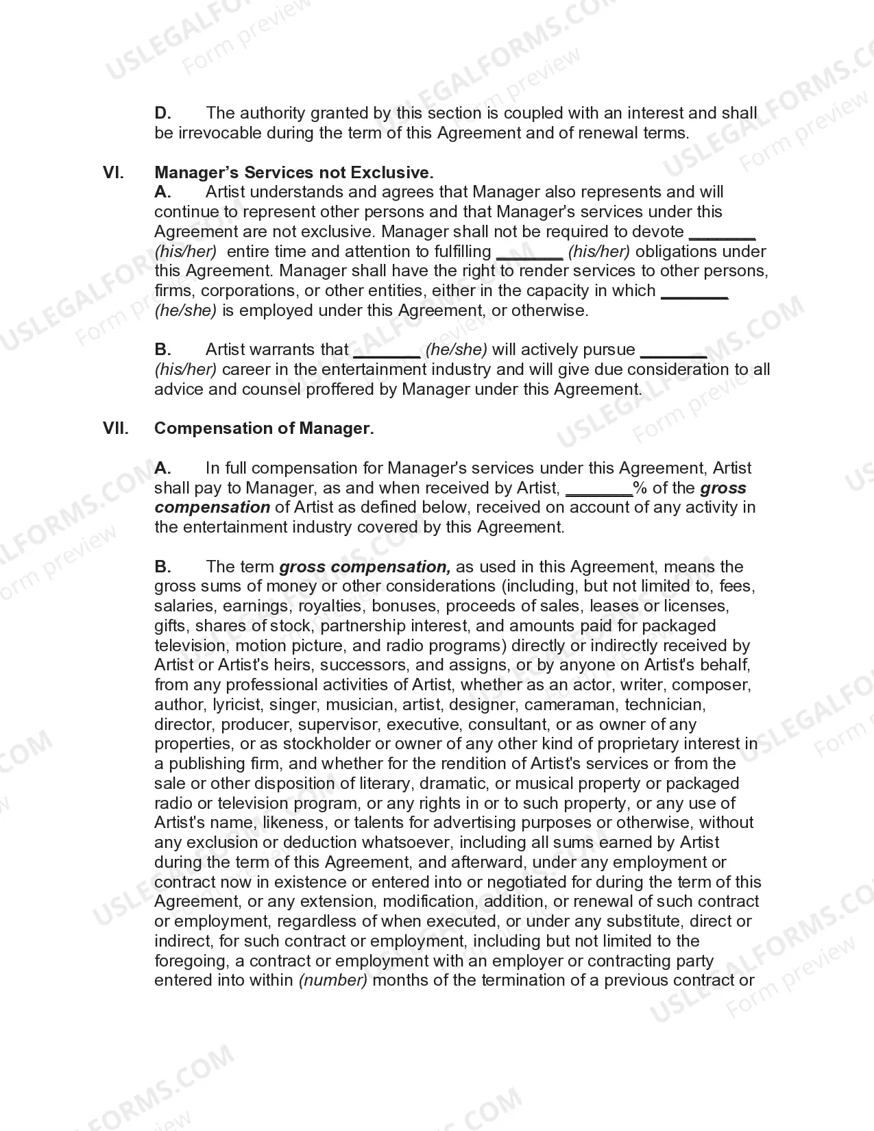 Preview Employment Contract with Manager as Artist's Personal Advisor and Counselor