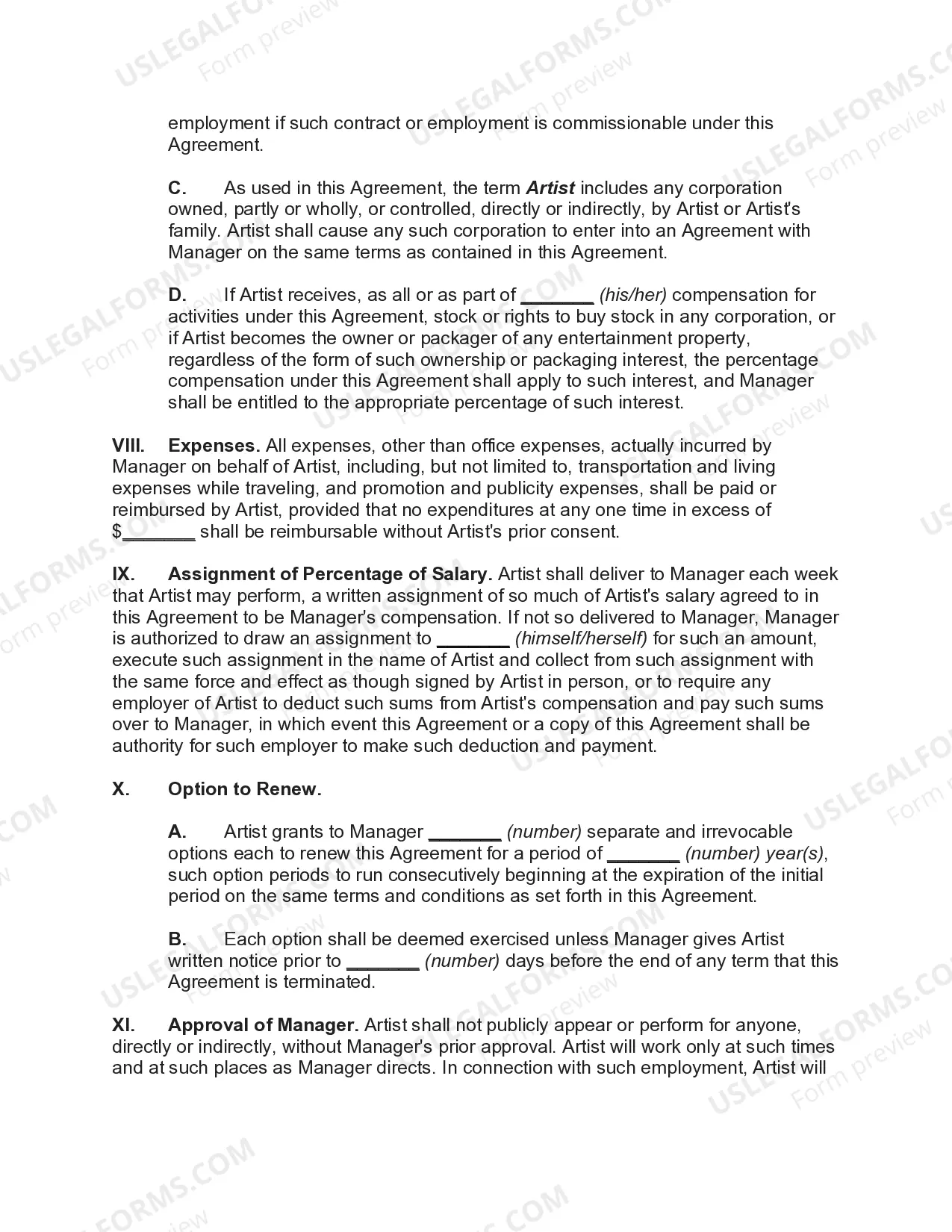 Preview Employment Contract with Manager as Artist's Personal Advisor and Counselor