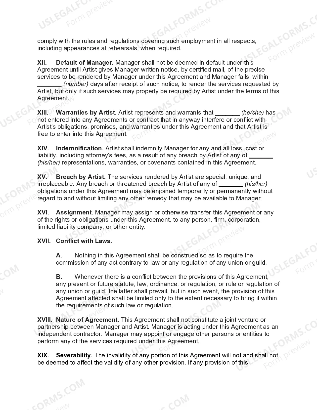 Preview Employment Contract with Manager as Artist's Personal Advisor and Counselor