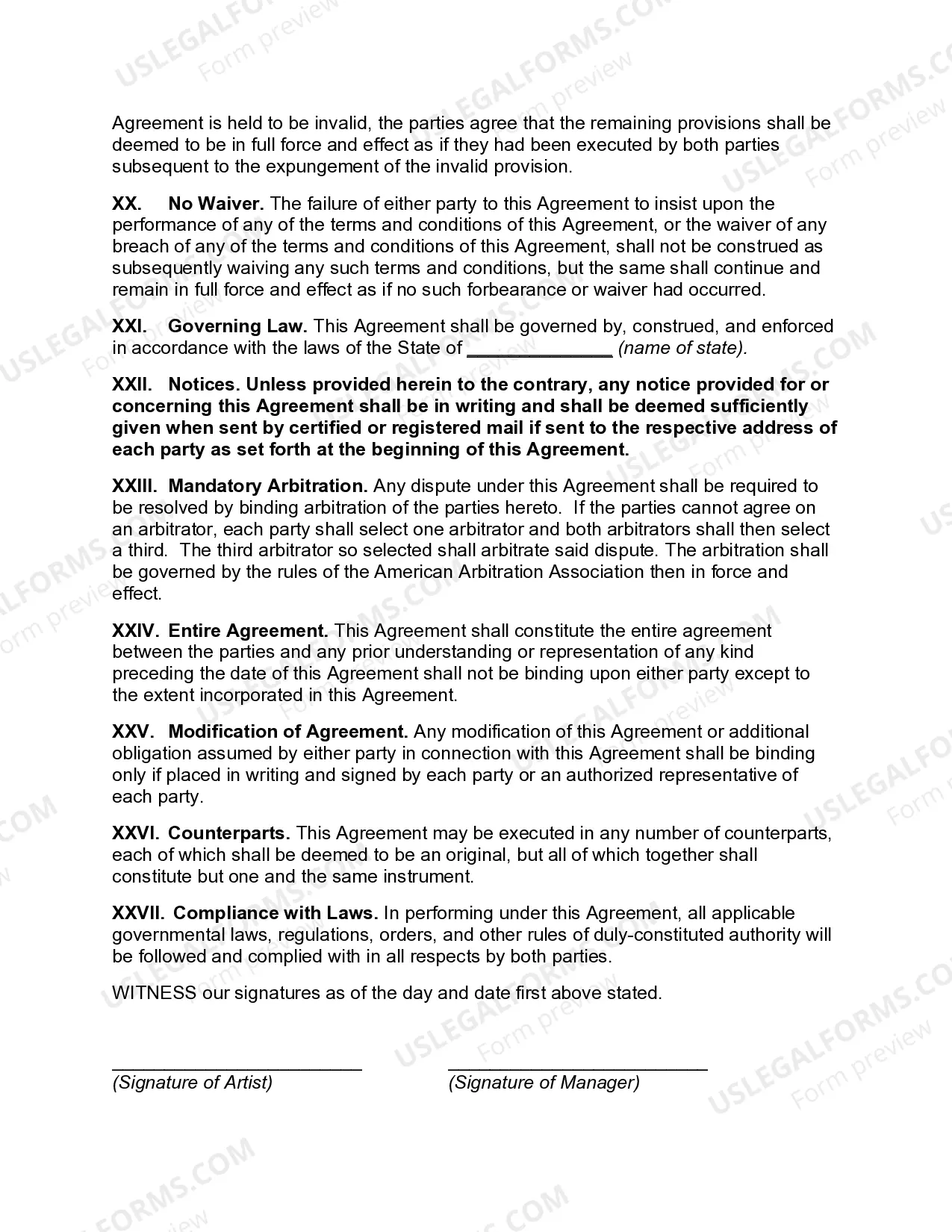 Preview Employment Contract with Manager as Artist's Personal Advisor and Counselor