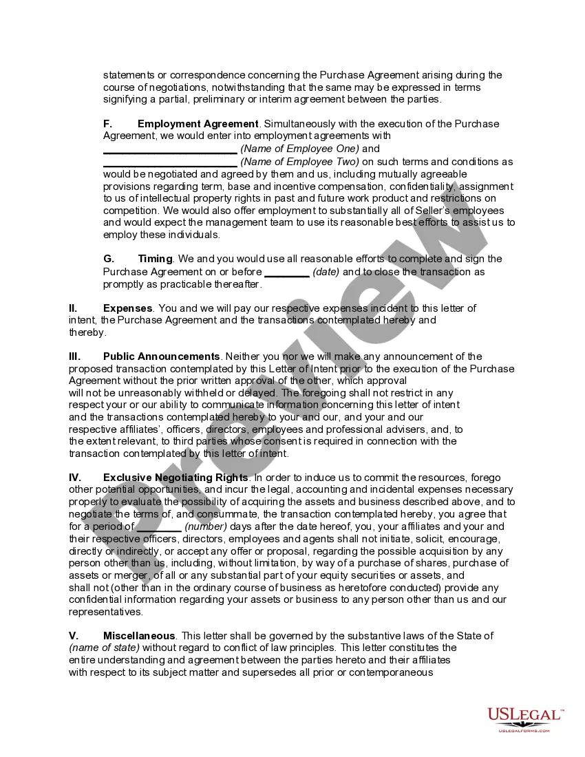 Get Letter of Intent to Purchase a Business by Means of an Asset Purchase Agreement Preview Letter of Intent to Purchase a Business by Means of an Asset Purchase Agreement