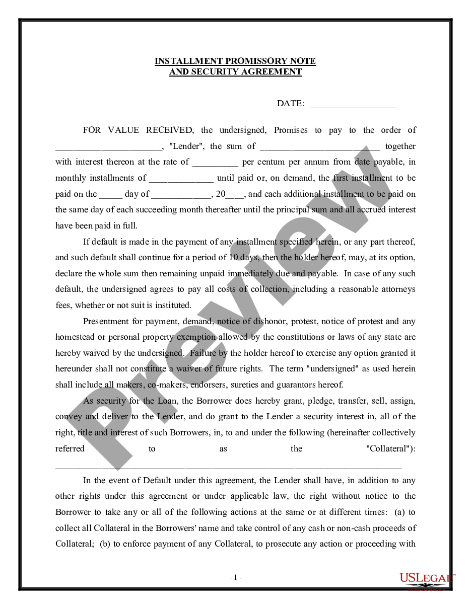 page 0 Installment Promissory Note and Security Agreement preview