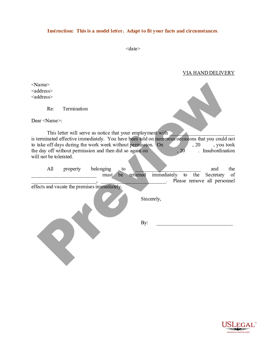 Termination Letter For Absenteeism Termination Letter For Poor Attendance Us Legal Forms 6295