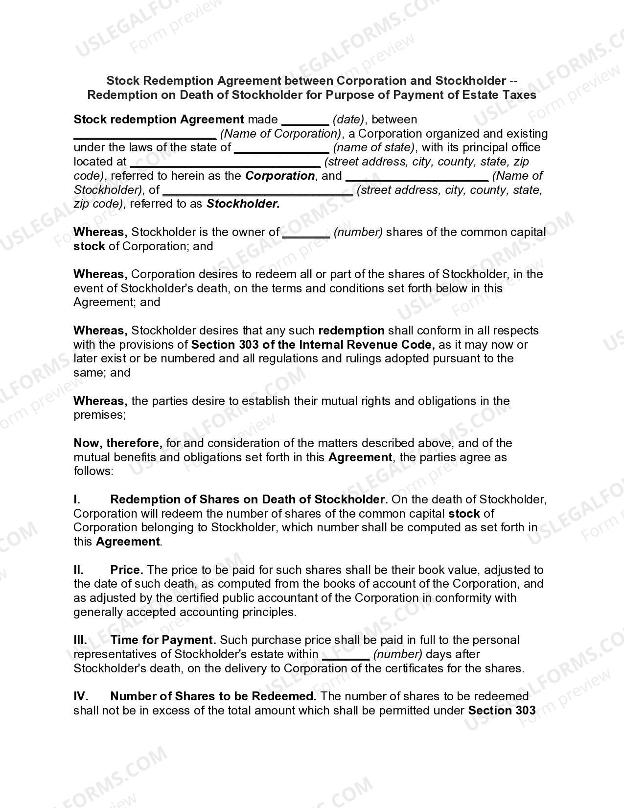 Stock Redemption Agreement between Corporation and Stockholder