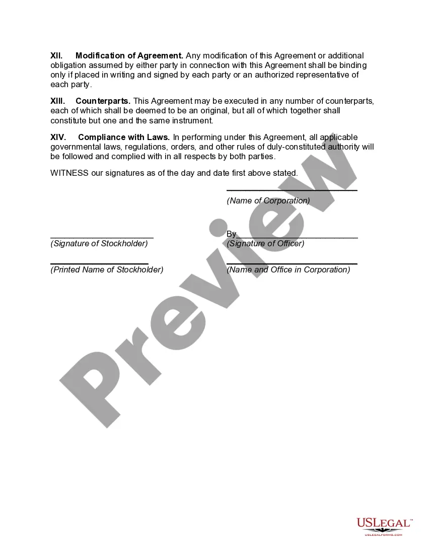 Preview Stock Redemption Agreement between Corporation and Stockholder --Redemption on Death of Stockholder for Purpose of Payment of Estate Taxes