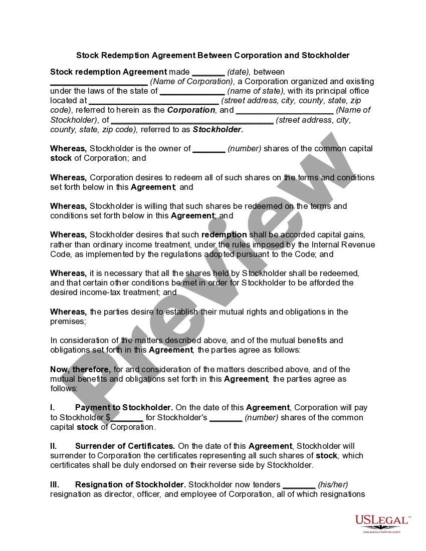 Stock Redemption Agreement Between Corporation and Stockholder
