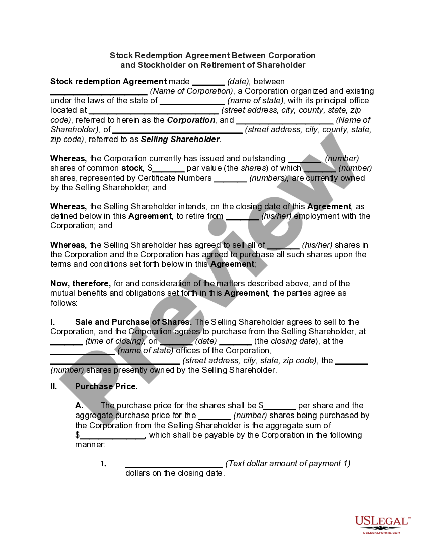Stock Redemption Agreement Between Corporation and Stockholder on