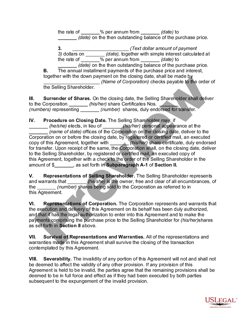 Stock Redemption Agreement Between Corporation and Stockholder on ...