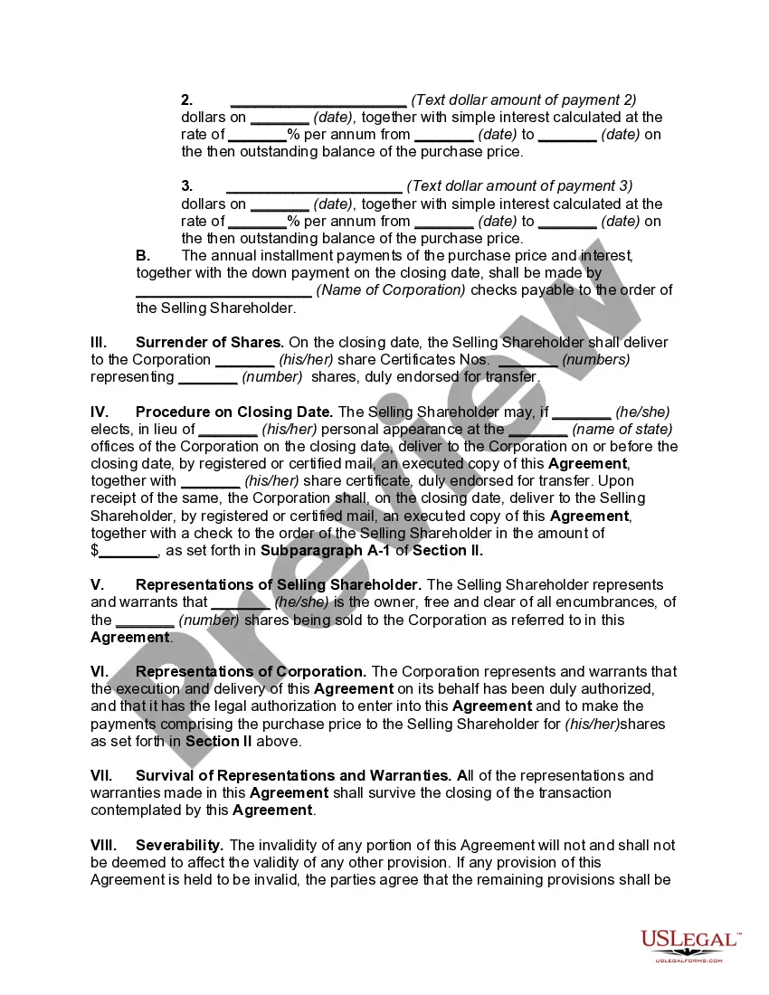 Get Stock Redemption Agreement Between Corporation and Stockholder on Retirement of Shareholder Preview Stock Redemption Agreement Between Corporation and Stockholder on Retirement of Shareholder