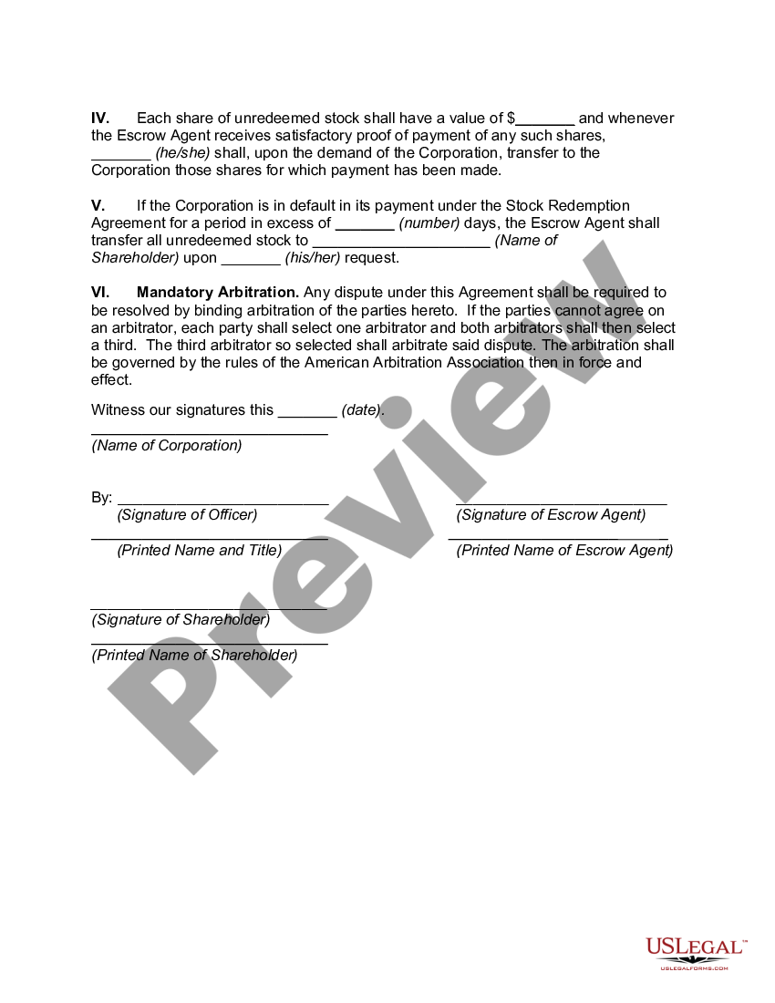 Escrow Agreement to be used with Stock Redemption Agreement between ...