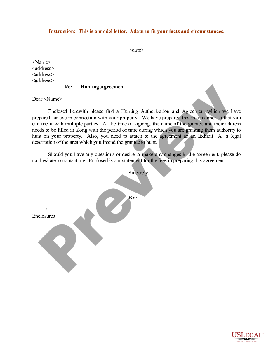 form Sample Letter regarding Hunting Authorization and Agreement preview