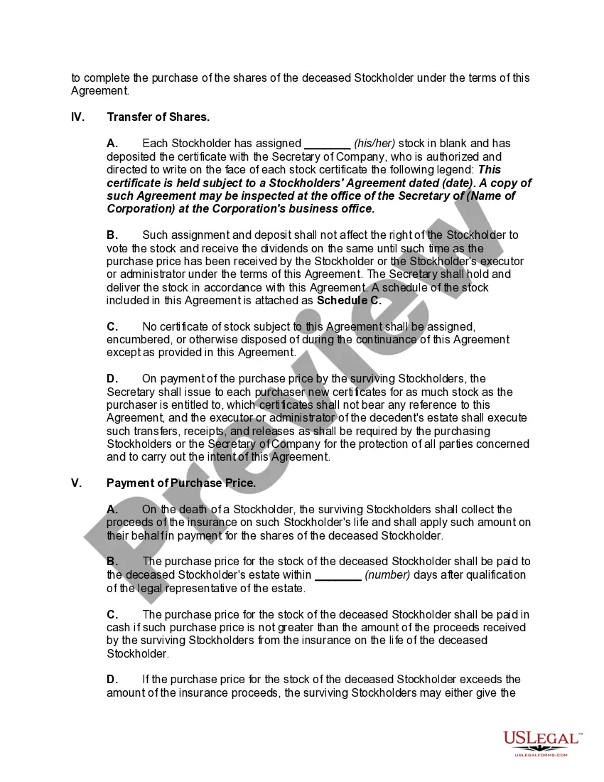 Preview Cross-Purchase Agreement among Stockholders of Close Corporation --Purchase by Surviving Stockholders of Interest of Withdrawing or Deceased Stockholder