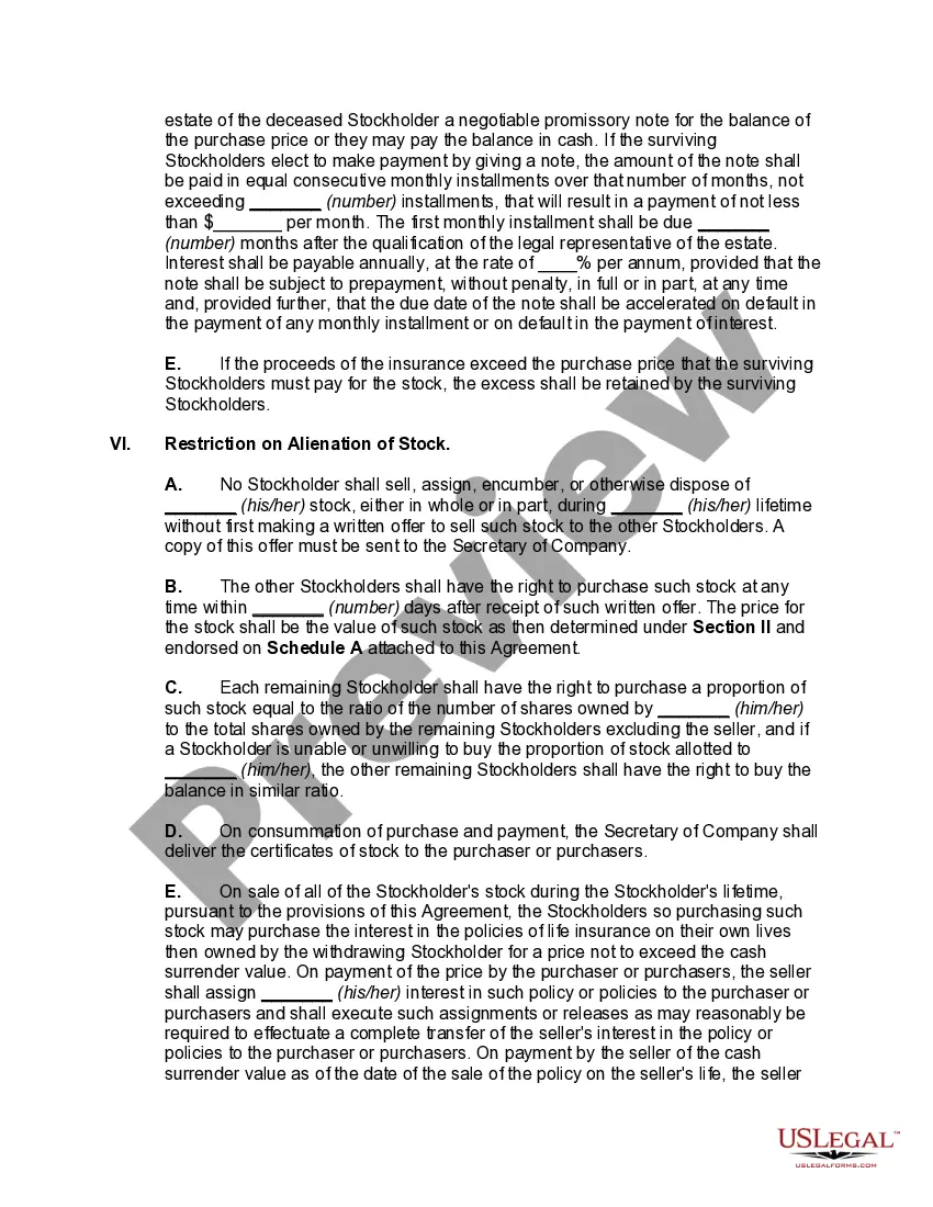 Preview Cross-Purchase Agreement among Stockholders of Close Corporation --Purchase by Surviving Stockholders of Interest of Withdrawing or Deceased Stockholder