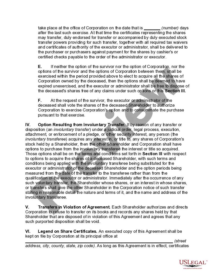 Preview Cross-Purchase Agreement among Shareholders of Close Corporation --Purchase by Surviving Shareholders of Interest of Withdrawing or Deceased Shareholder -- Corporation has Option if other Shareholders do not Exercise Option