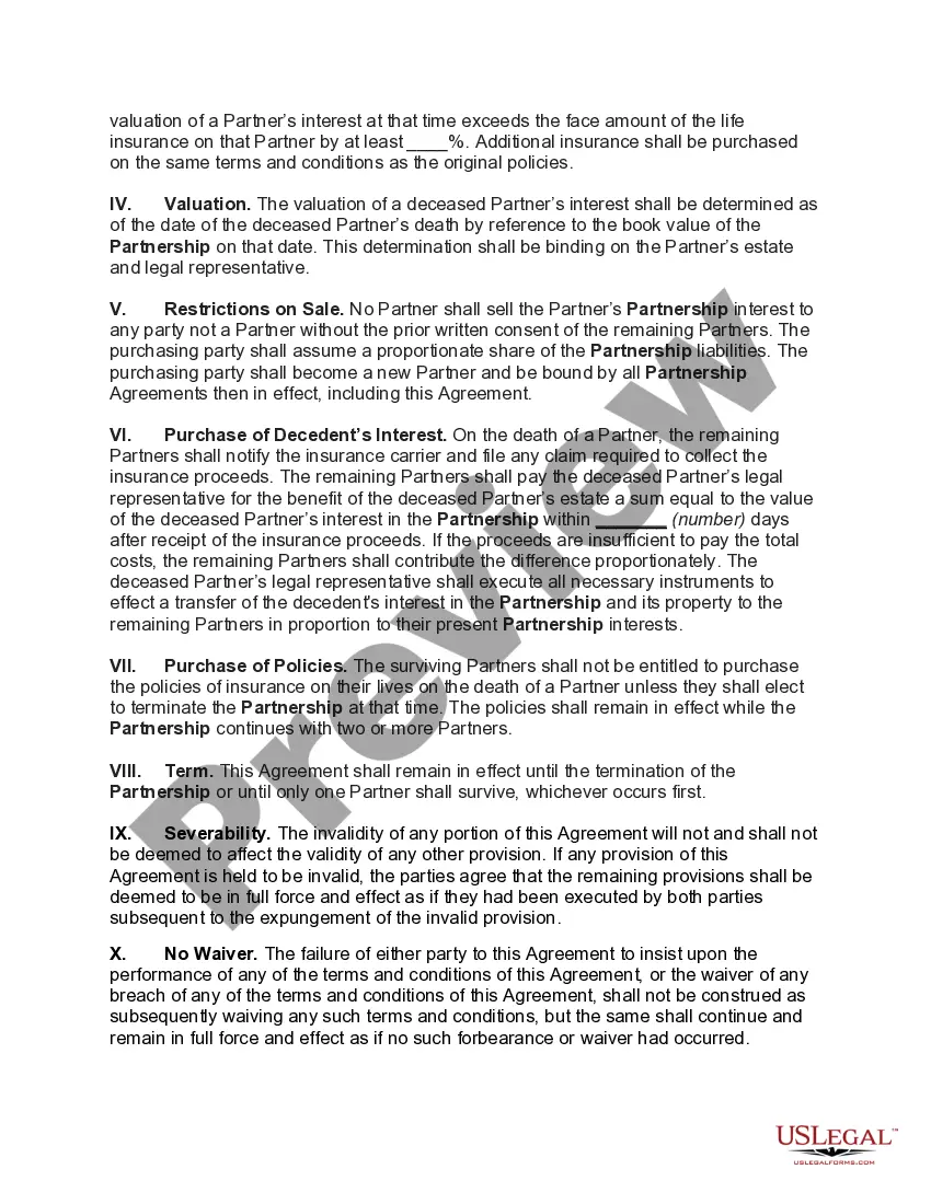 Preview Cross-Purchase Buy-Sell Agreement with Life Insurance to Fund Purchase of Deceased Partner's Interest -- Partners to Increase Life Insurance if Value of Partnership Interest Increases