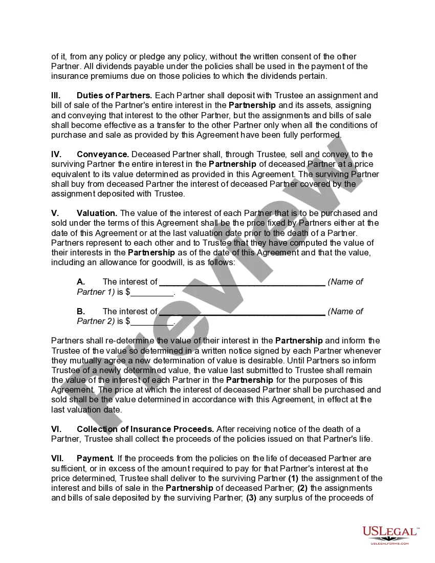 Preview Cross-Purchase Buy-Sell Agreement with Life Insurance to Fund Purchase of Deceased Partner's Interest -- Trustee to Administer Life Insurance Funds