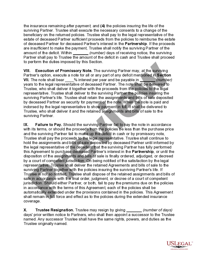 Preview Cross-Purchase Buy-Sell Agreement with Life Insurance to Fund Purchase of Deceased Partner's Interest -- Trustee to Administer Life Insurance Funds