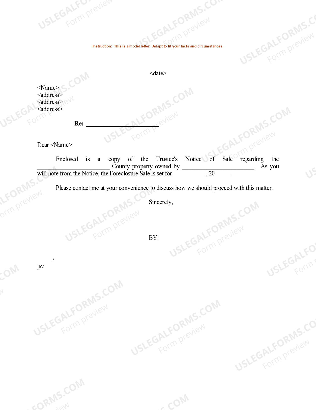 San Diego California Sample Letter for Trustee's Notice of Sale of
