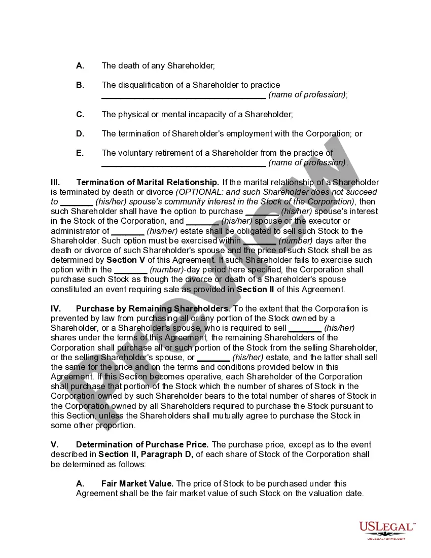 Preview Shareholders' Buy-sell Agreement for Professional Corporation with Option to Purchase Shares on Termination of Employment or Death of Shareholder -- Purchase by Corporation or Remaining Shareholders