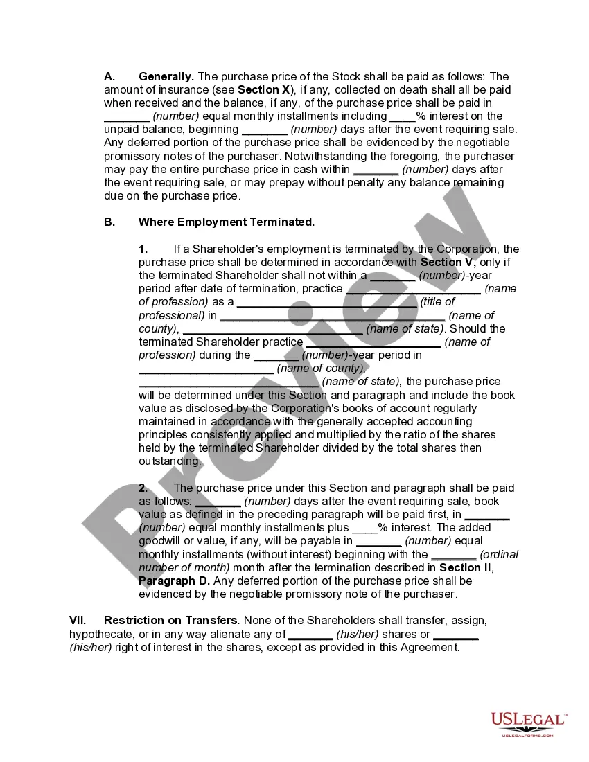 Preview Shareholders' Buy-sell Agreement for Professional Corporation with Option to Purchase Shares on Termination of Employment or Death of Shareholder -- Purchase by Corporation or Remaining Shareholders