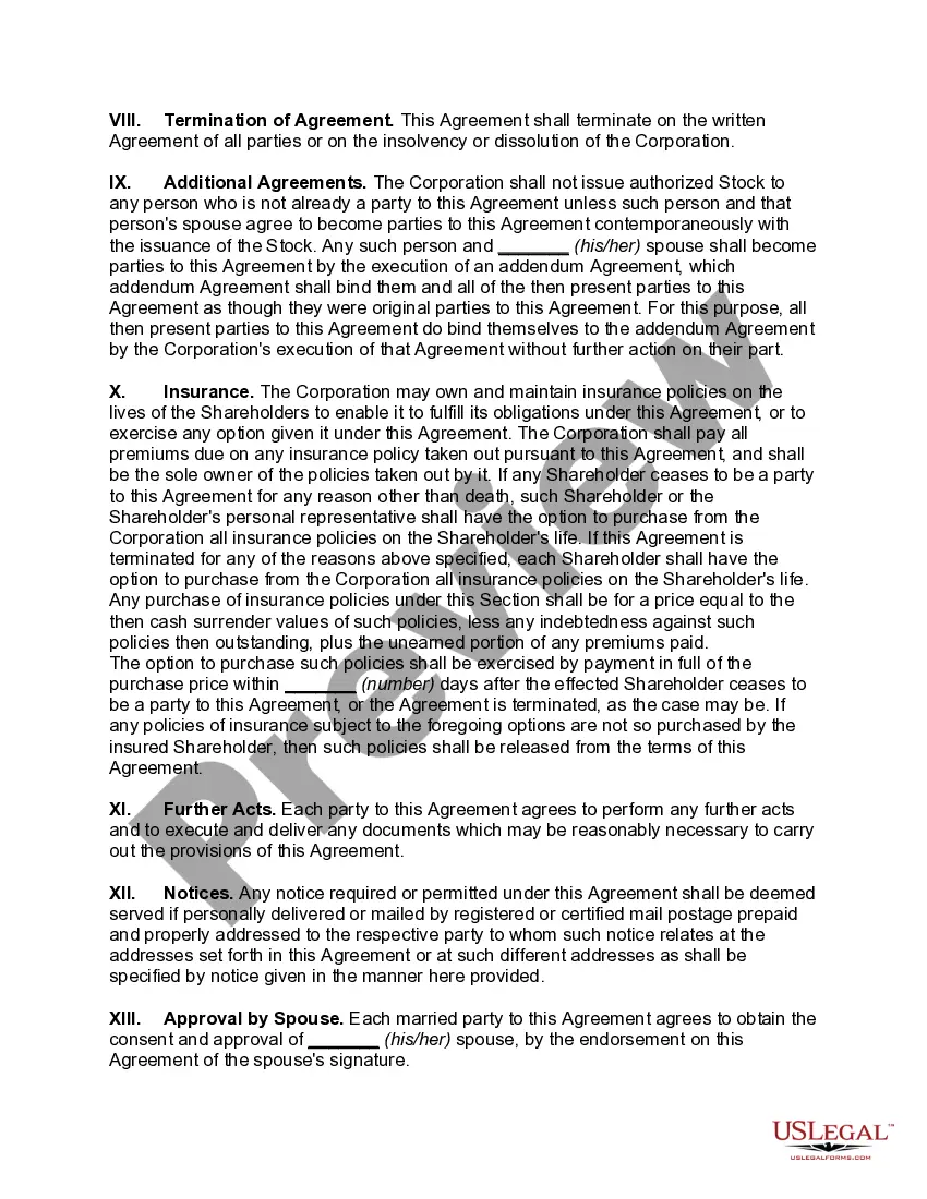 Preview Shareholders' Buy-sell Agreement for Professional Corporation with Option to Purchase Shares on Termination of Employment or Death of Shareholder -- Purchase by Corporation or Remaining Shareholders