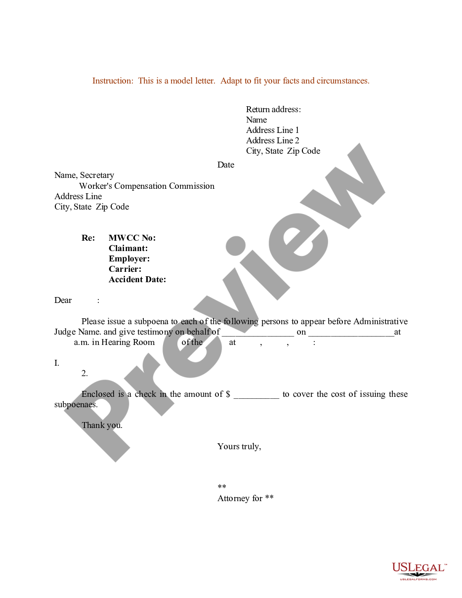 form Sample Letter to Workers Compensation Commission for Issuance of Subpoena preview