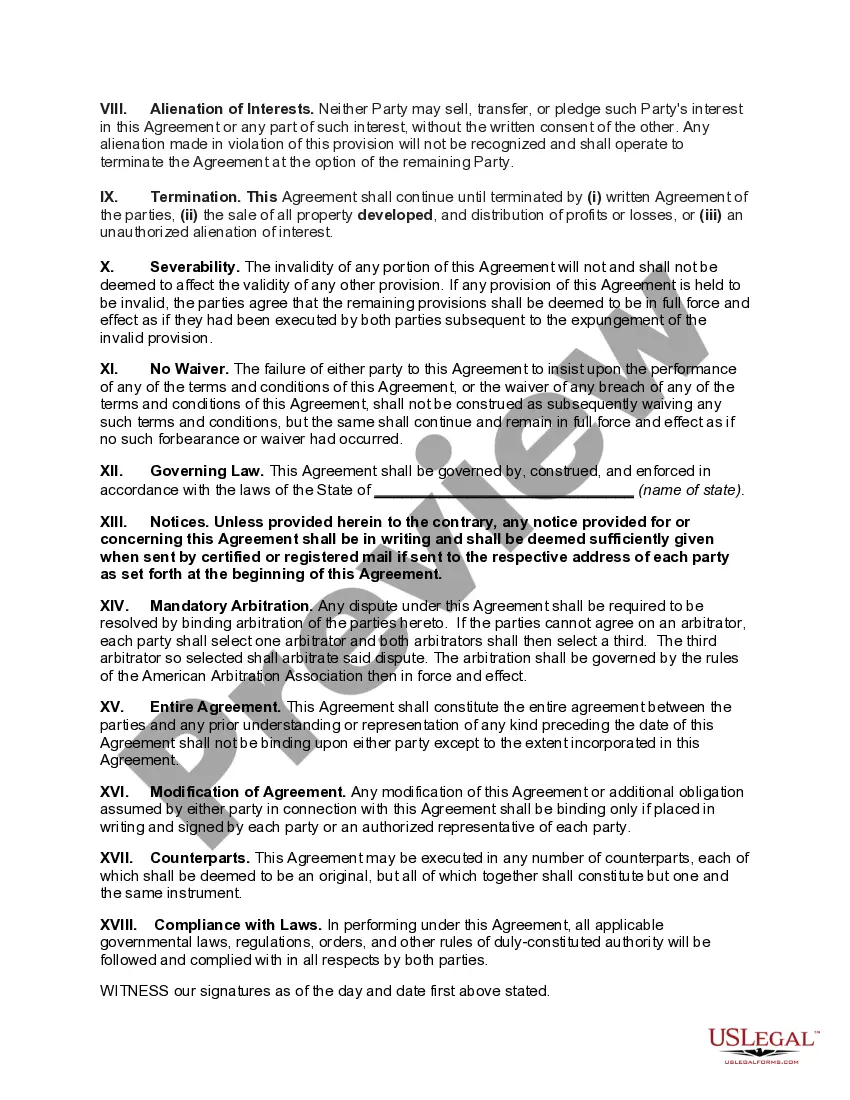 Preview Joint-Venture Agreement to Develop and Sell Real Property Between Individual and Corporation