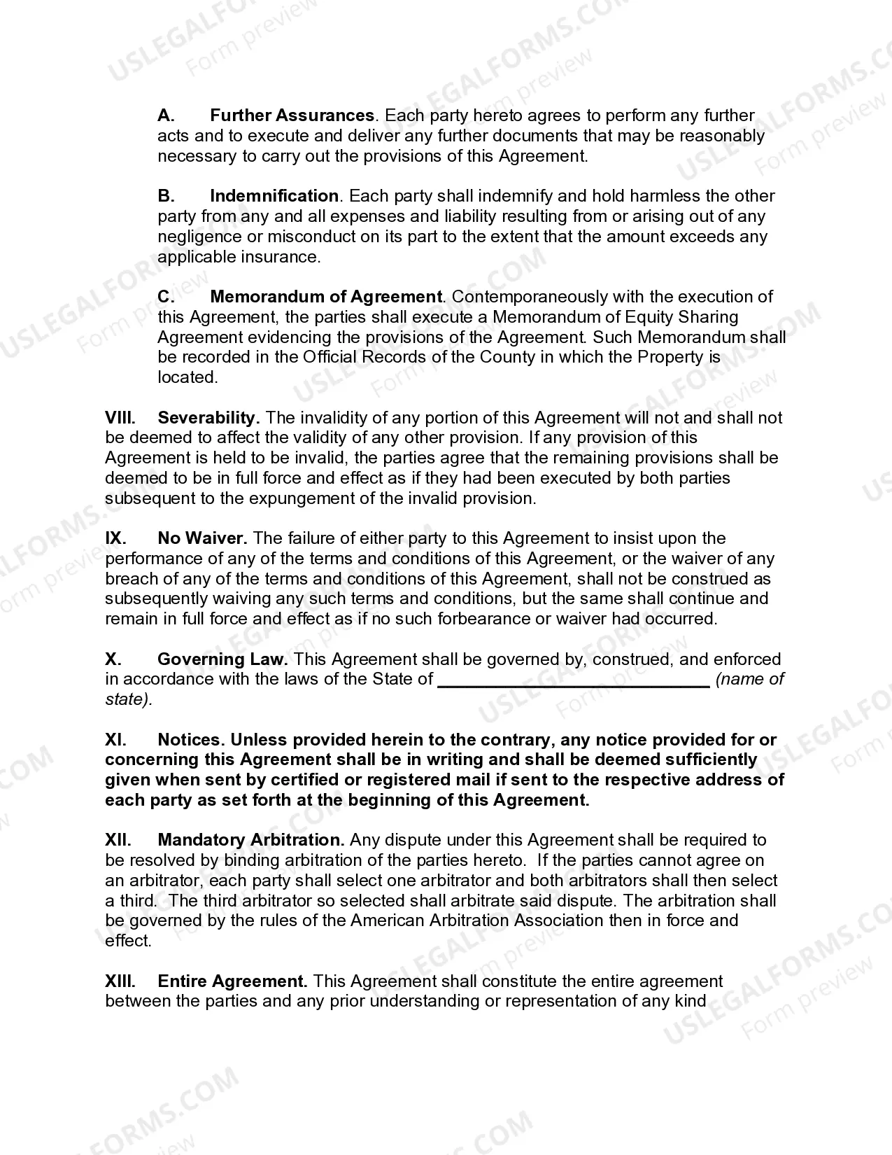 Preview Equity Sharing Agreement